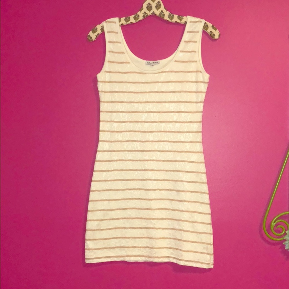 LIKE NEW LACEY BODY CON BROWN CREAM AND TAN STRIPE